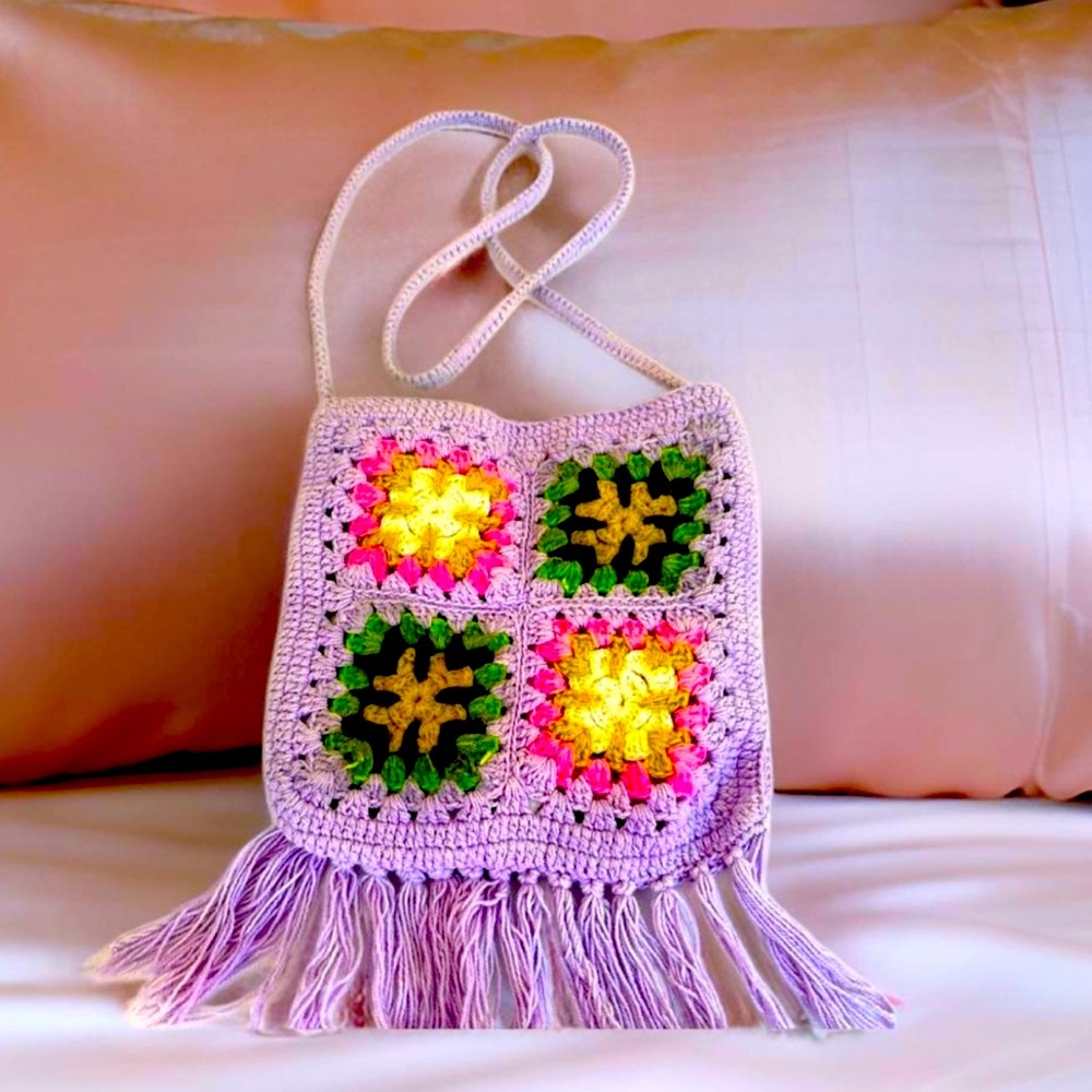 Vintage Hippie Granny Square Crochet Crossbody Bag with Fringe in Lavender